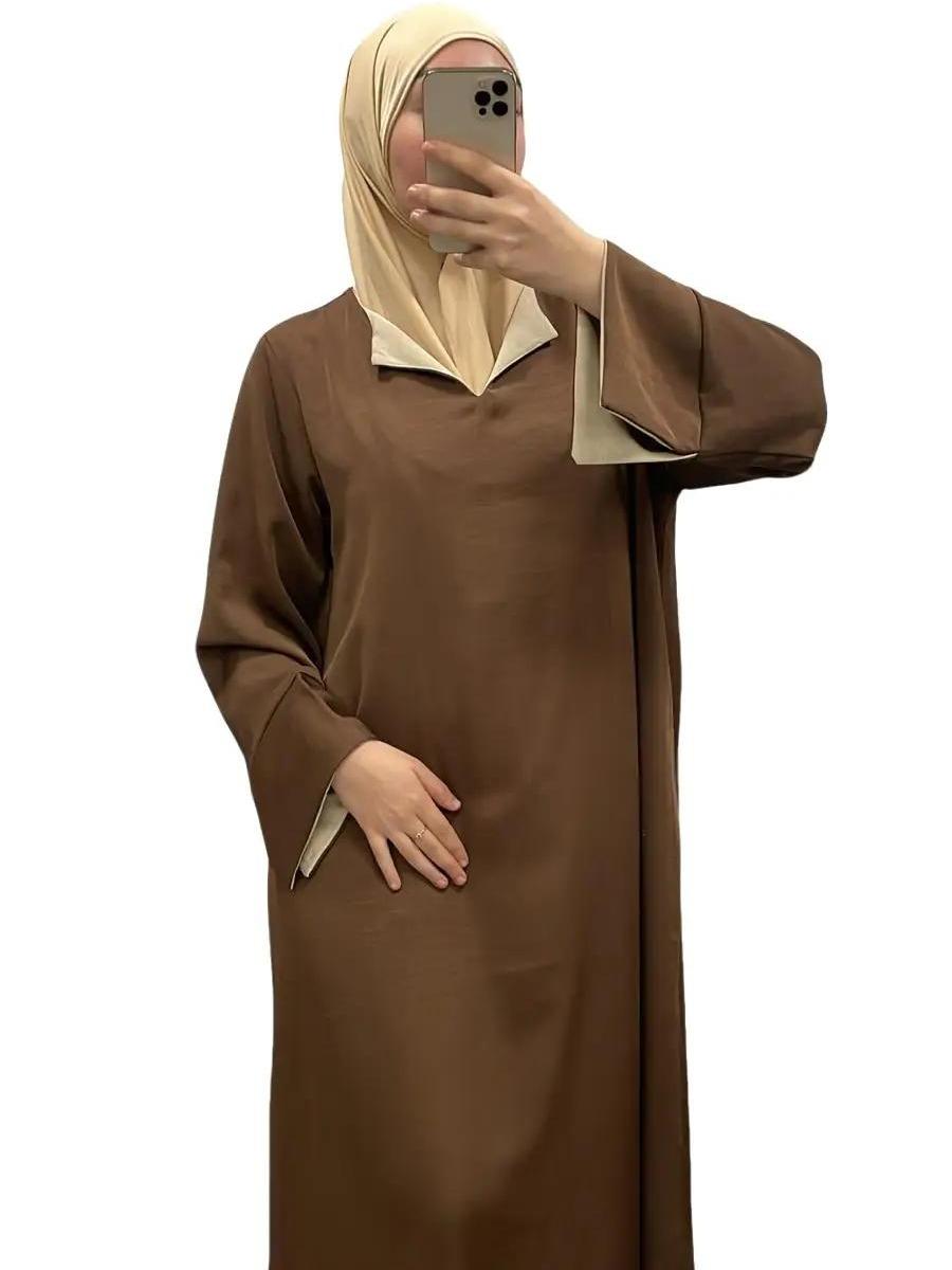 Robe Marron à Manches Revers Beige – Confort & Élégance