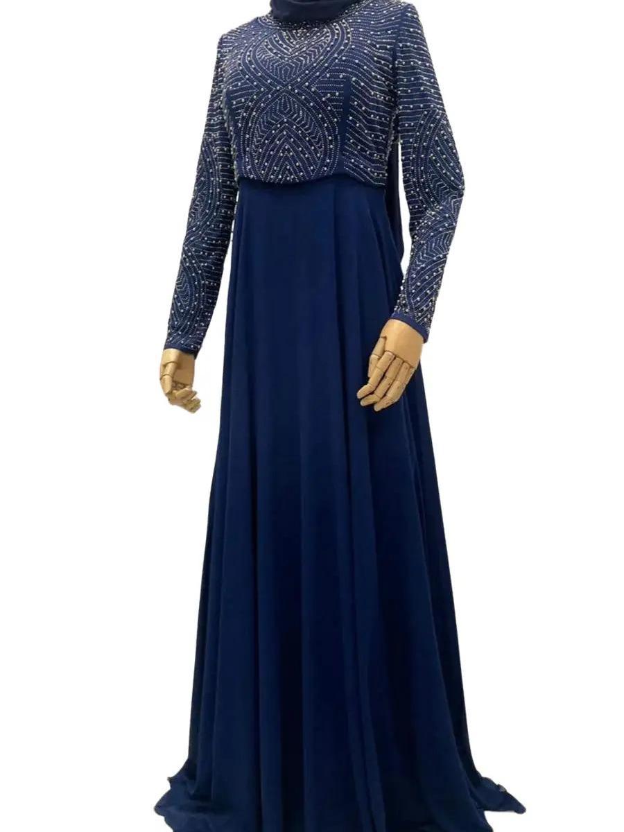 Robe de Soirée Bleu Nuit Perlée – Élégance Absolue