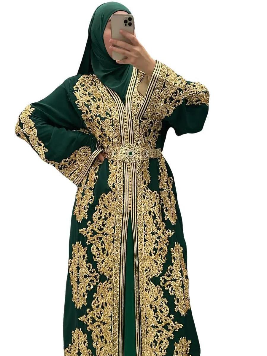 Takchita Vert/Doré doublé satin beige