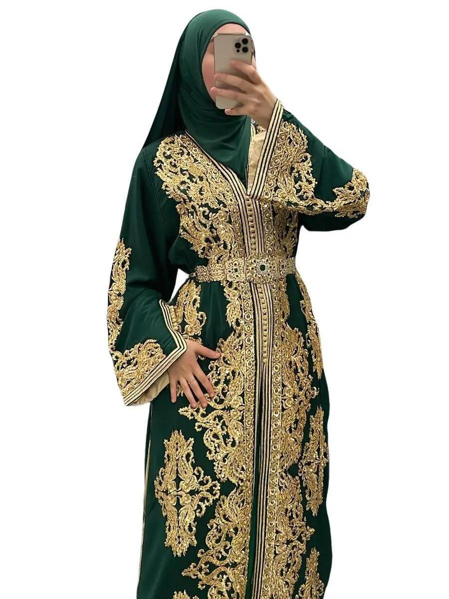 Takchita Vert/Doré doublé satin beige 2