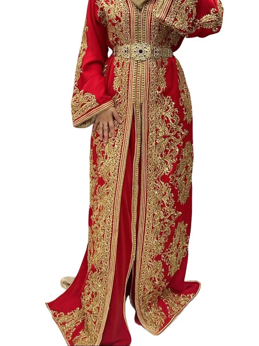 Takchita rouge perlé doré doublé beige 3