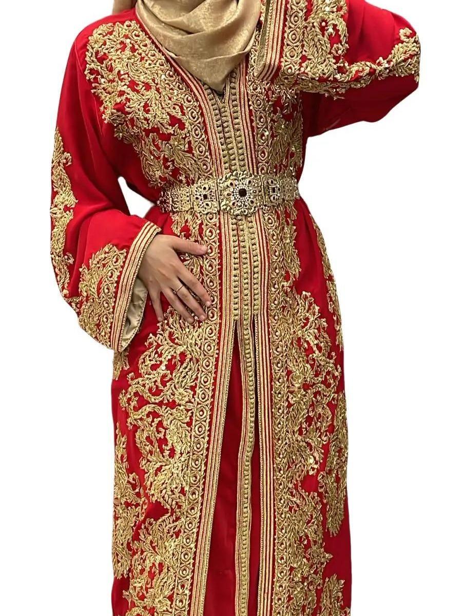 Takchita rouge perlé doré doublé beige 4