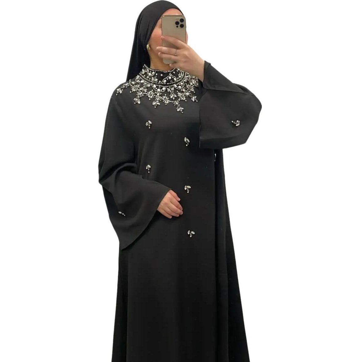 Robe Longue Élégante Noir avec Broderies Perlées et Manches Longues Amples pour Occasions Formelles