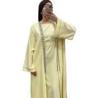 Ensemble Luxueux Jaune 3 Pièces - Sous-Robe Sans Manches, Kimono avec Strass et Ceinture - Idéal pour Mariages et Fêtes