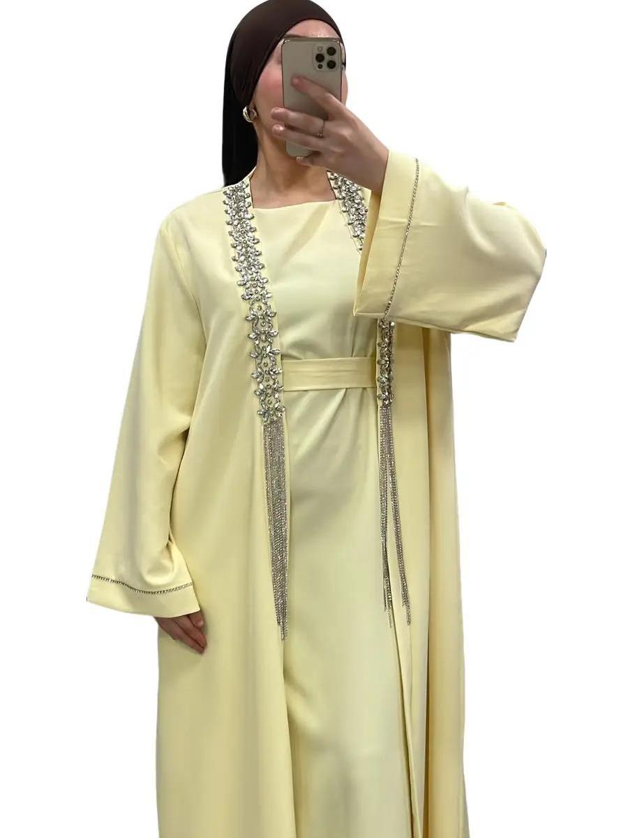Ensemble Luxueux Jaune 3 Pièces - Sous-Robe Sans Manches, Kimono avec Strass et Ceinture - Idéal pour Mariages et Fêtes