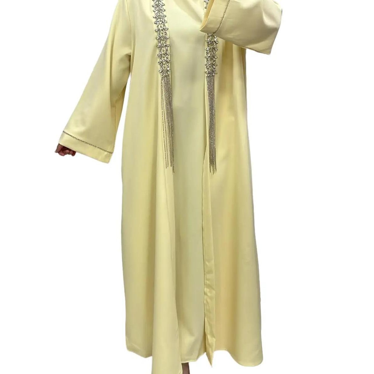 Ensemble Luxueux Jaune 3 Pièces - Sous-Robe Sans Manches, Kimono avec Strass et Ceinture - Idéal pour Mariages et Fêtes