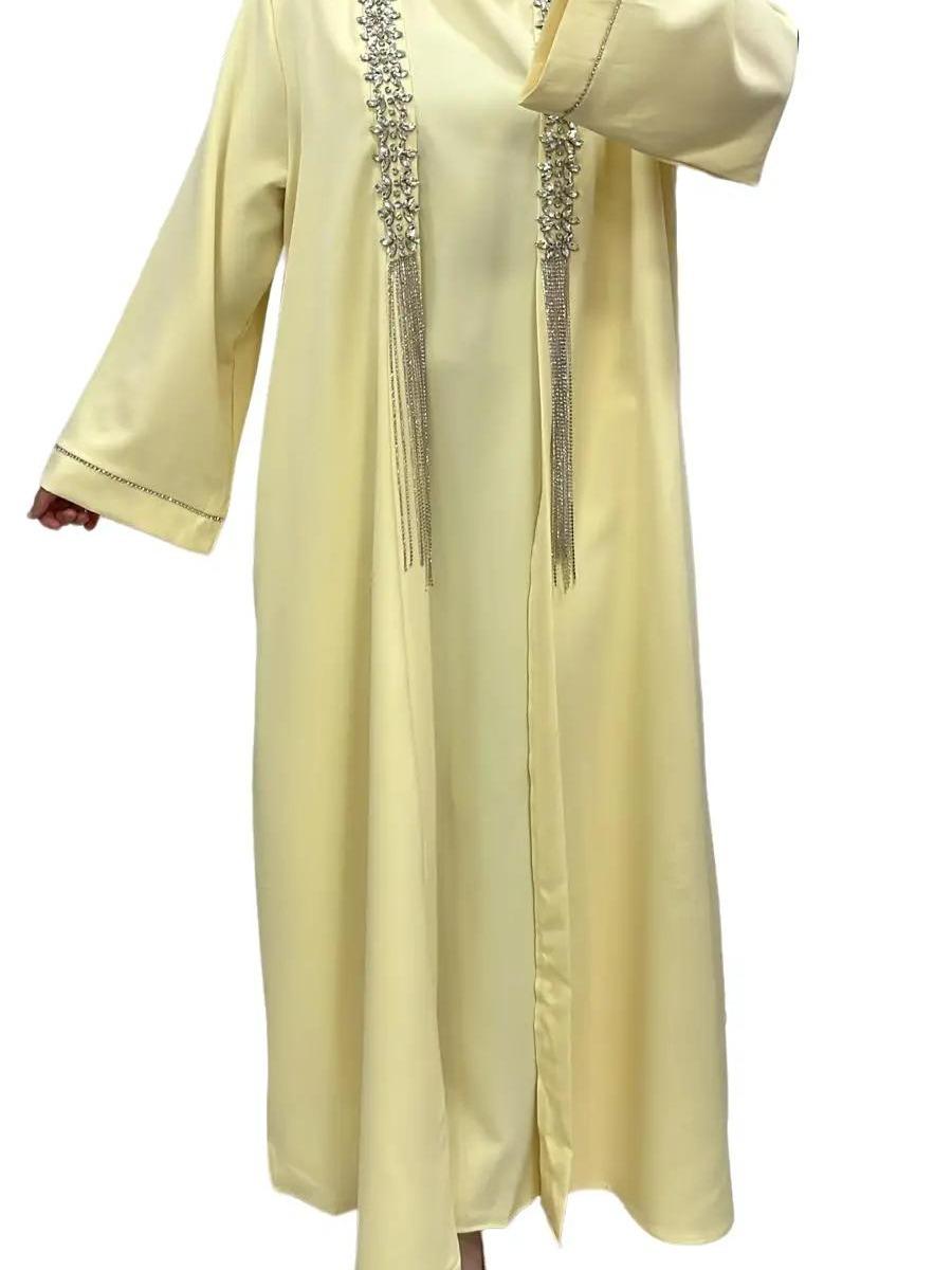 Ensemble Luxueux Jaune 3 Pièces - Sous-Robe Sans Manches, Kimono avec Strass et Ceinture - Idéal pour Mariages et Fêtes 2