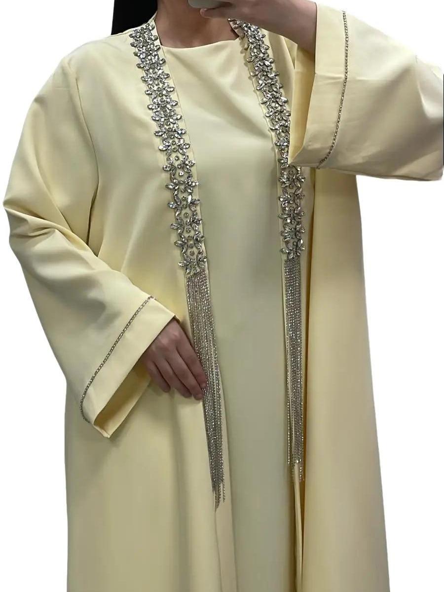 Ensemble Luxueux Jaune 3 Pièces - Sous-Robe Sans Manches, Kimono avec Strass et Ceinture - Idéal pour Mariages et Fêtes 4