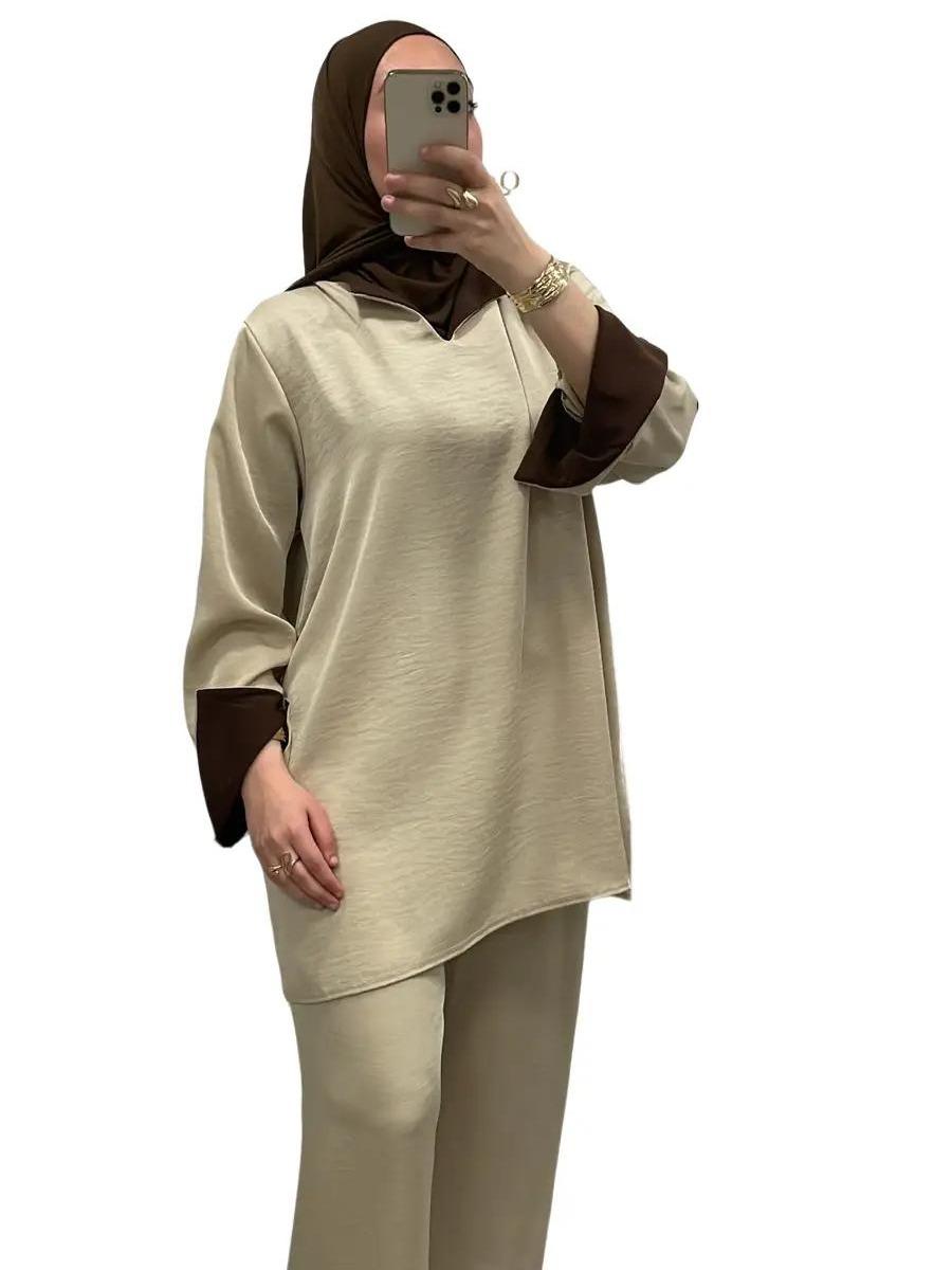 Ensemble bi-color Beige/Marron à manches revers - Chic & tendance