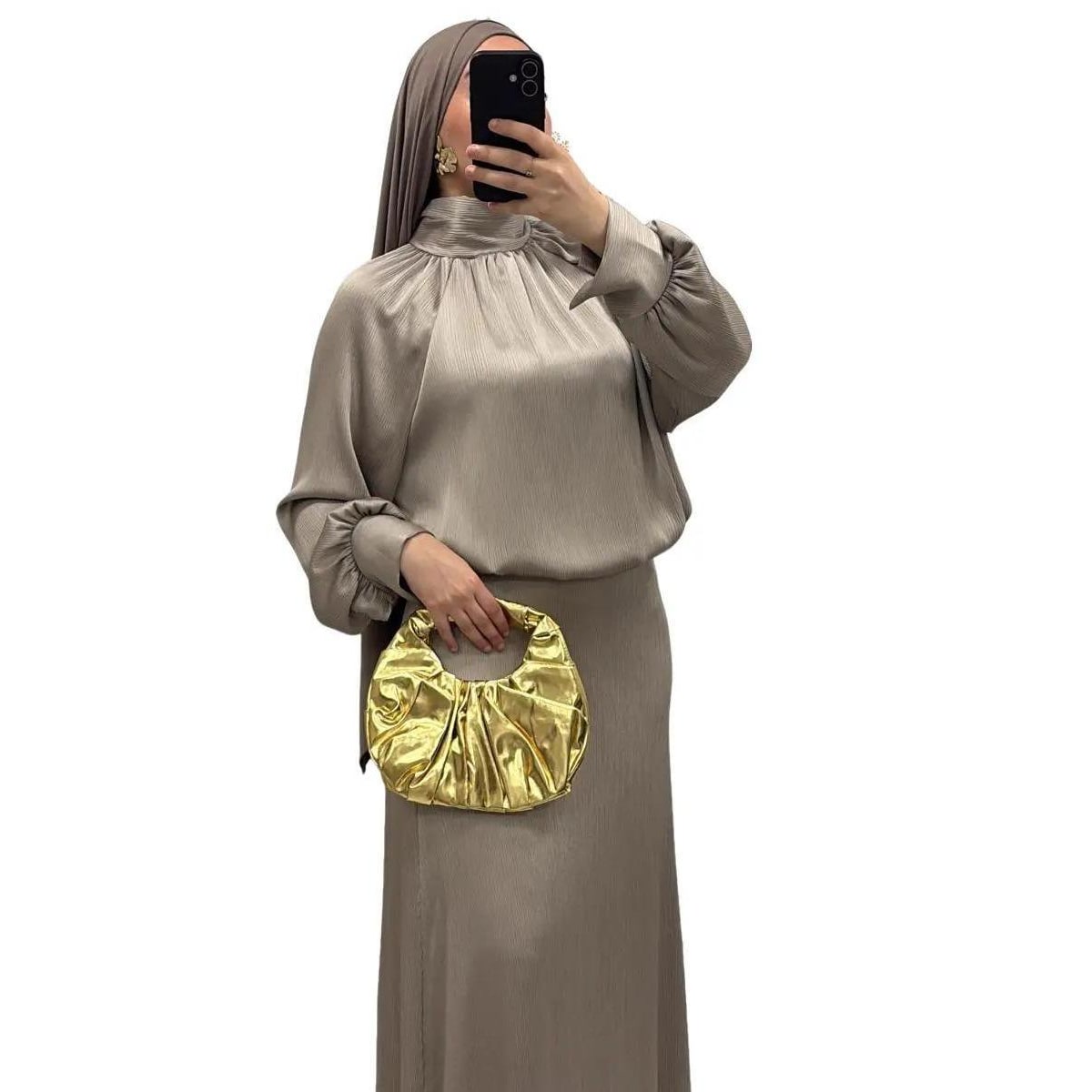 Ensemble Jupe Satinée & Haut Col Montant Taupe
