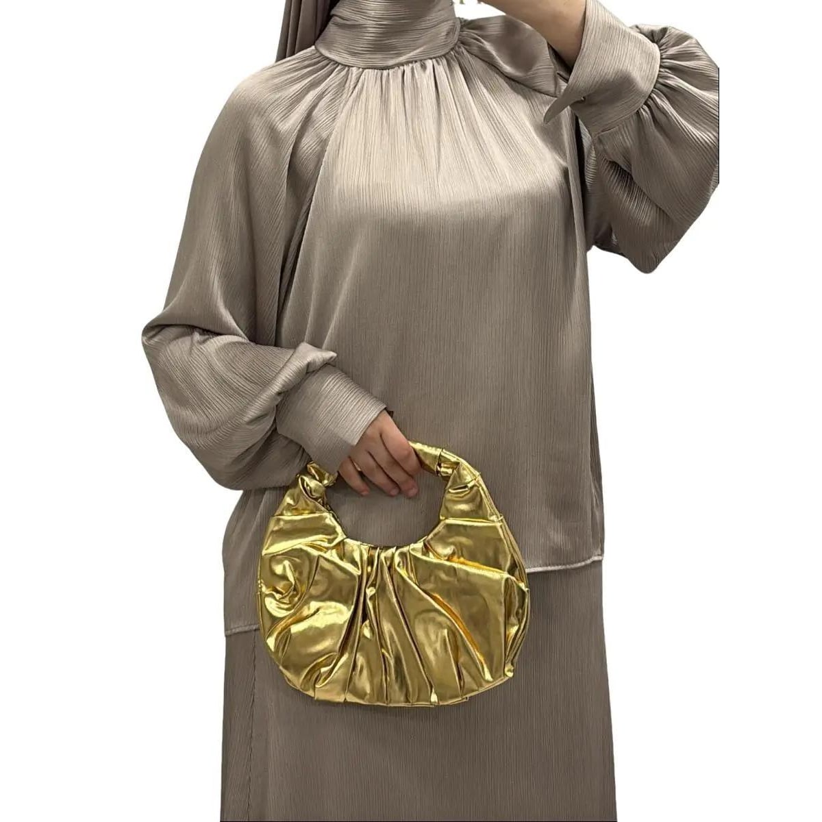 Ensemble Jupe Satinée & Haut Col Montant Taupe 2