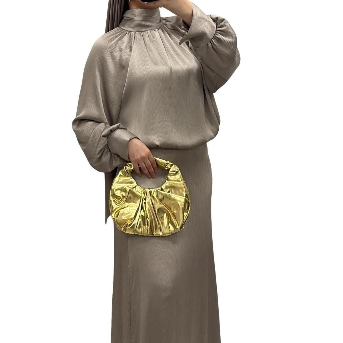 Ensemble Jupe Satinée & Haut Col Montant Taupe 3