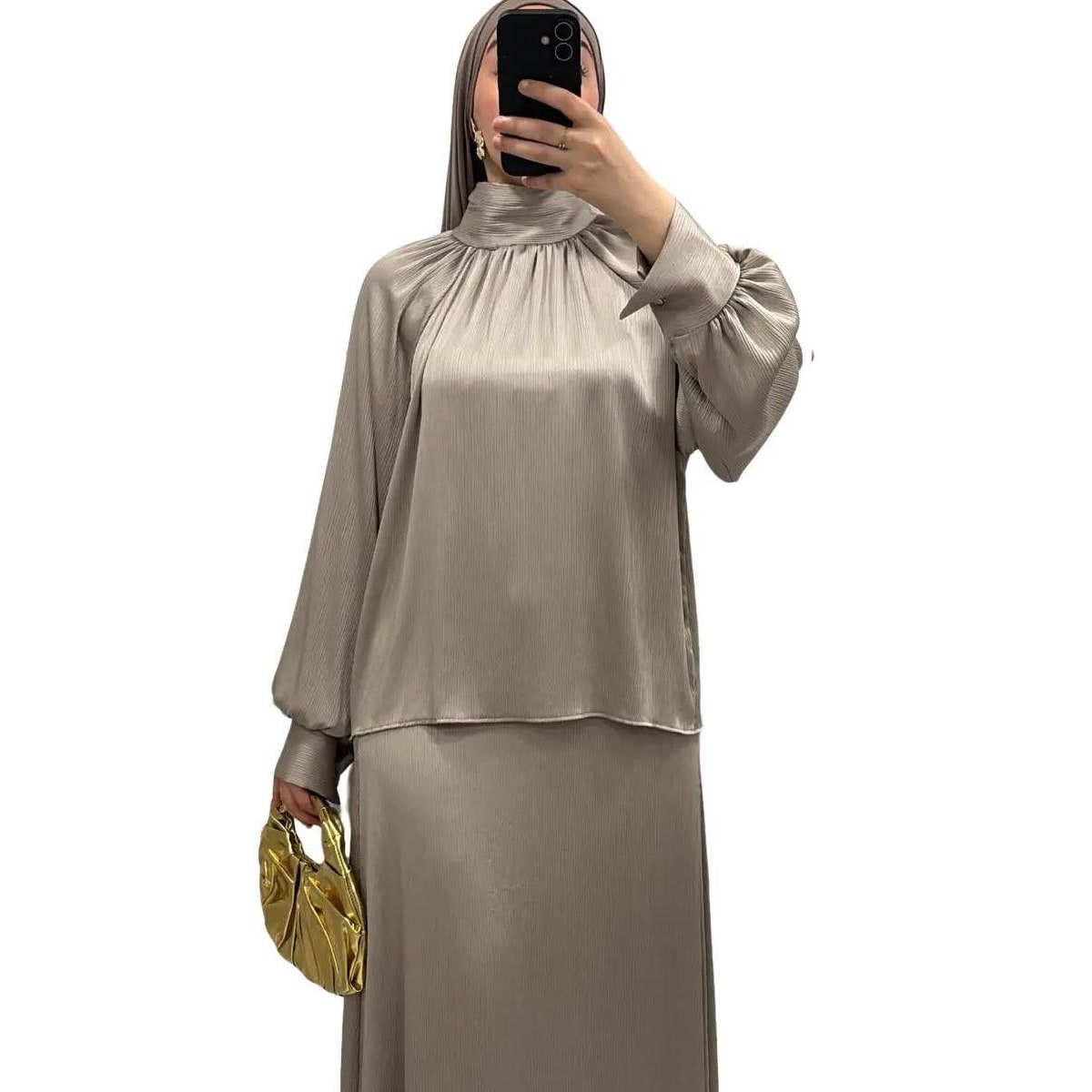 Ensemble Jupe Satinée & Haut Col Montant Taupe 4