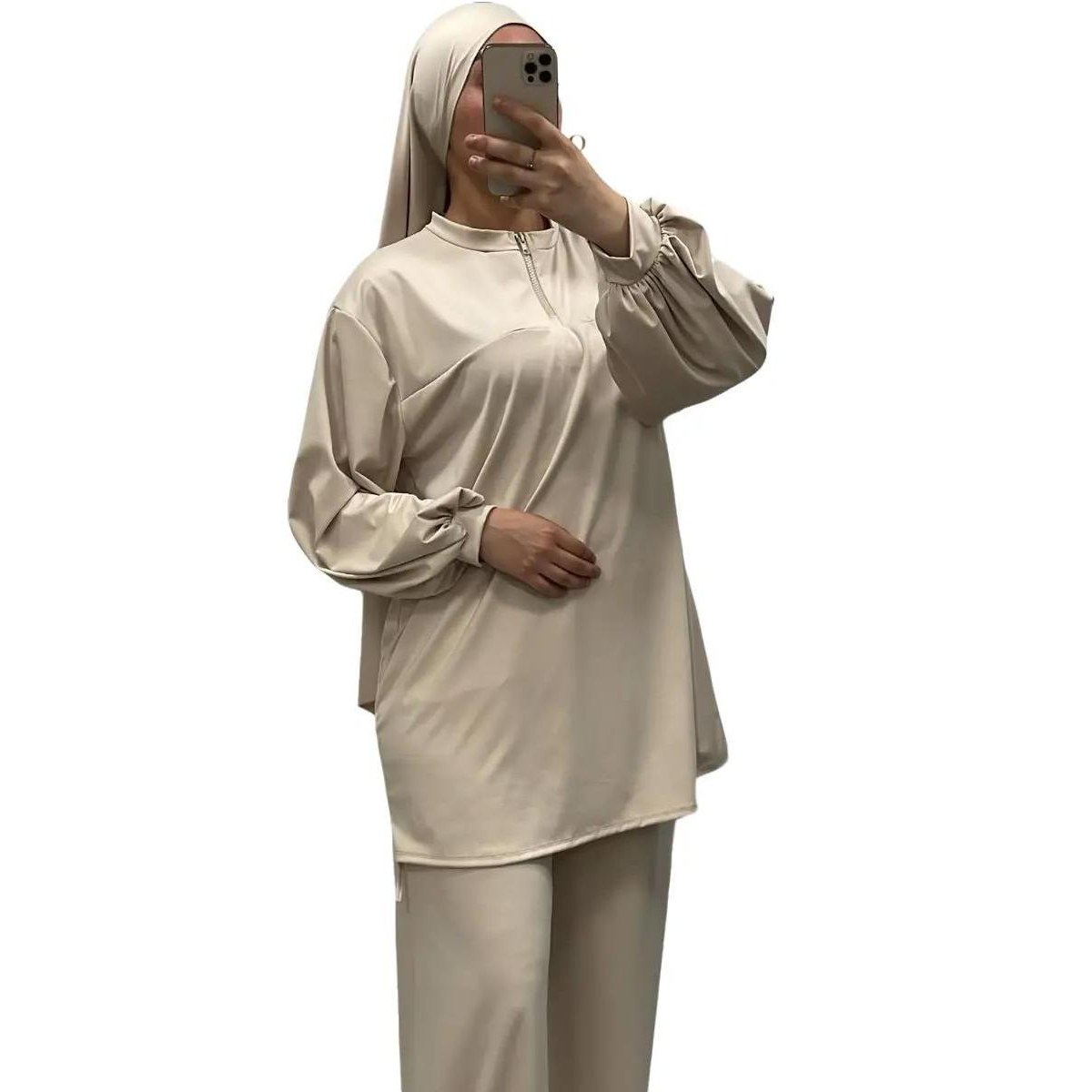 Burkini col montant zippé Beige – Élégance & confort
