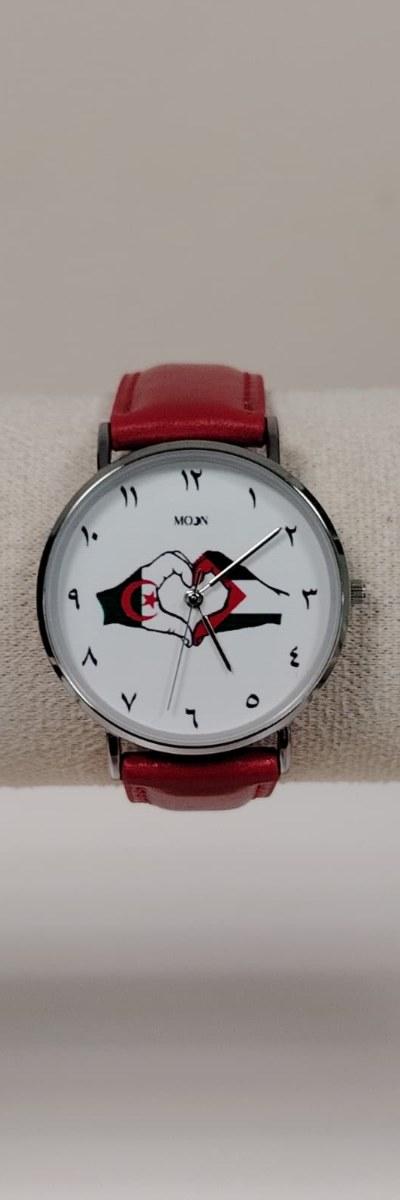 Montre "Algérie ❤️ Gaza" – Cadran Chiffres Arabes | Bracelet Simili Cuir Rouge