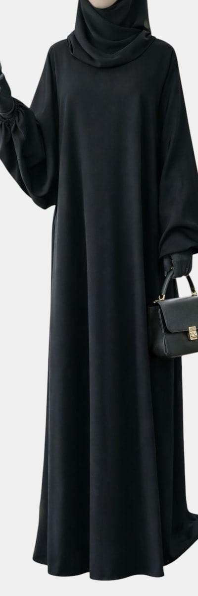 Abaya noire manches ballon en soie de Médine