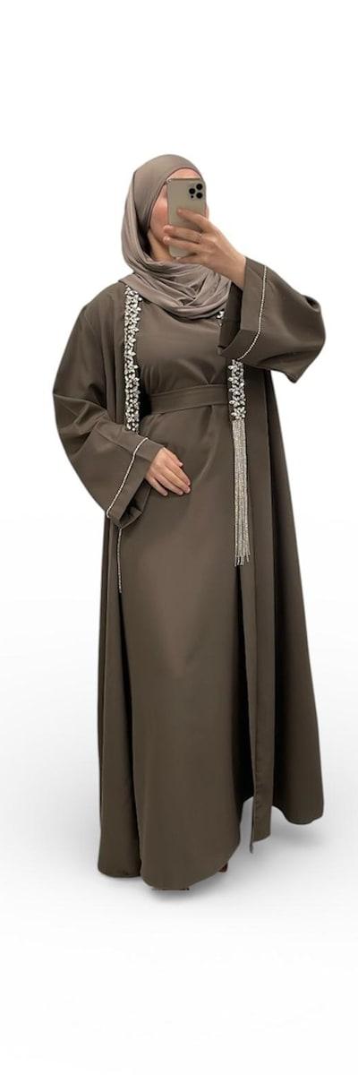 Ensemble Luxury a strass Taupe foncé - Boutique Qalamdress