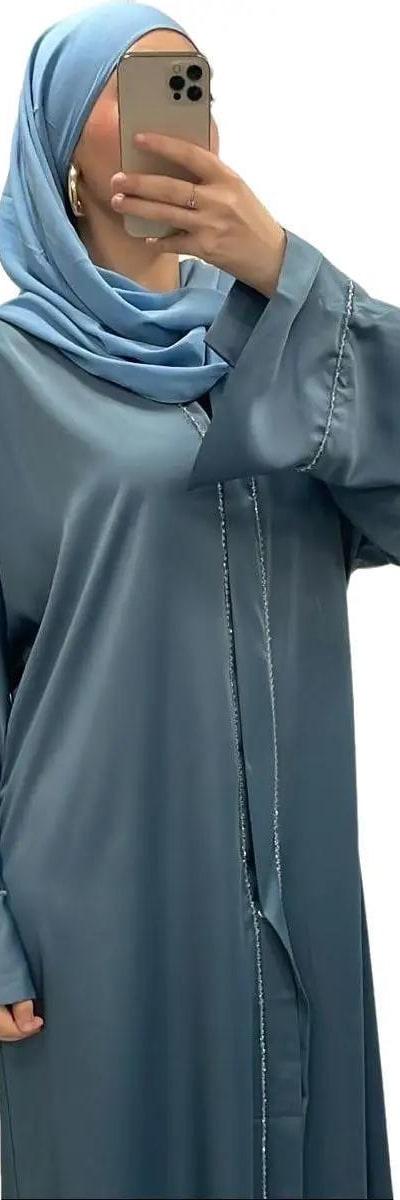 Abaya satiné avec perles bleu - Boutique Qalamdress