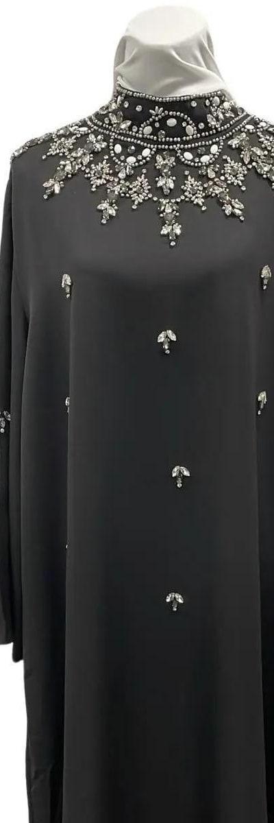 Abaya de Soirée Noire Brodée Perlée – Manches Amples