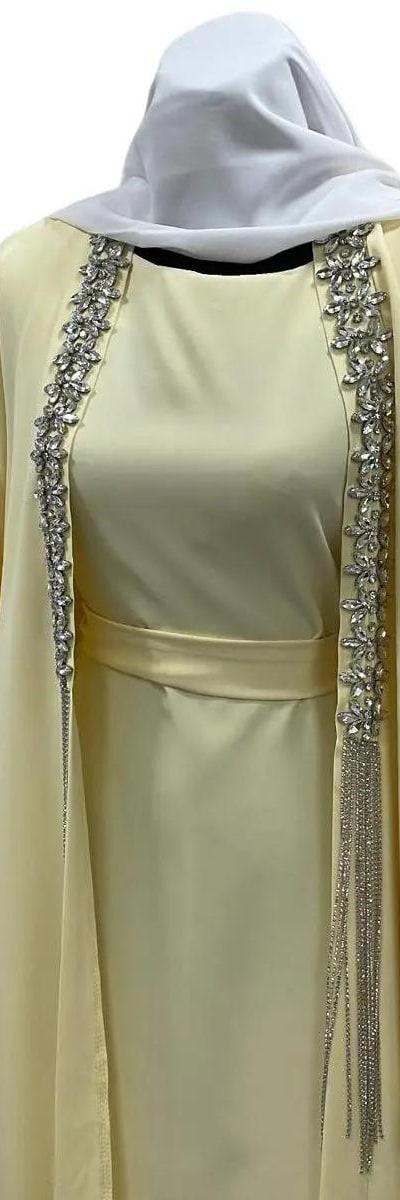 Ensemble Luxueux Jaune 3 Pièces - Sous-Robe Sans Manches, Kimono avec Strass et Ceinture