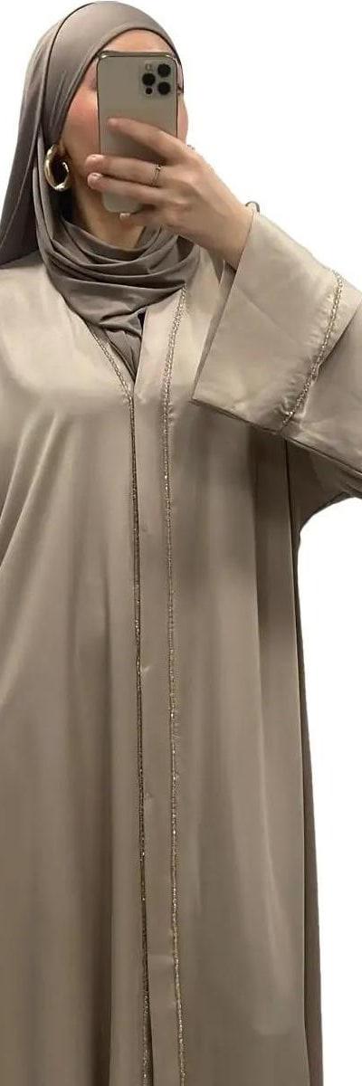 Abaya satinée avec perles taupe - Boutique Qalamdress