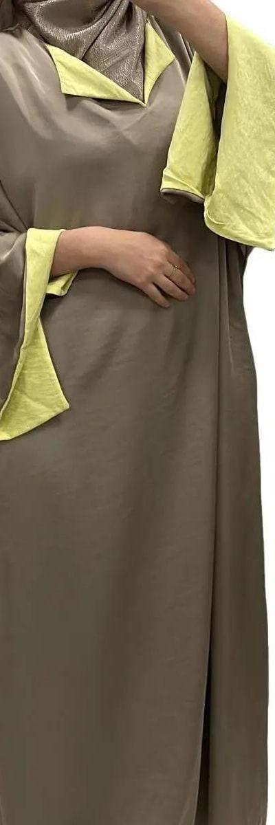Robe Beige à Manches Revers Jaune – Confort & Élégance
