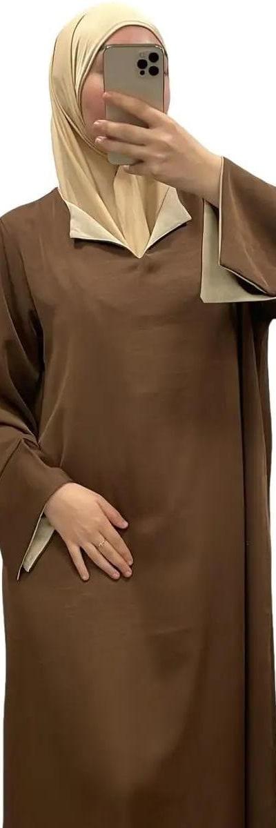 Robe Marron à Manches Revers Beige – Confort & Élégance