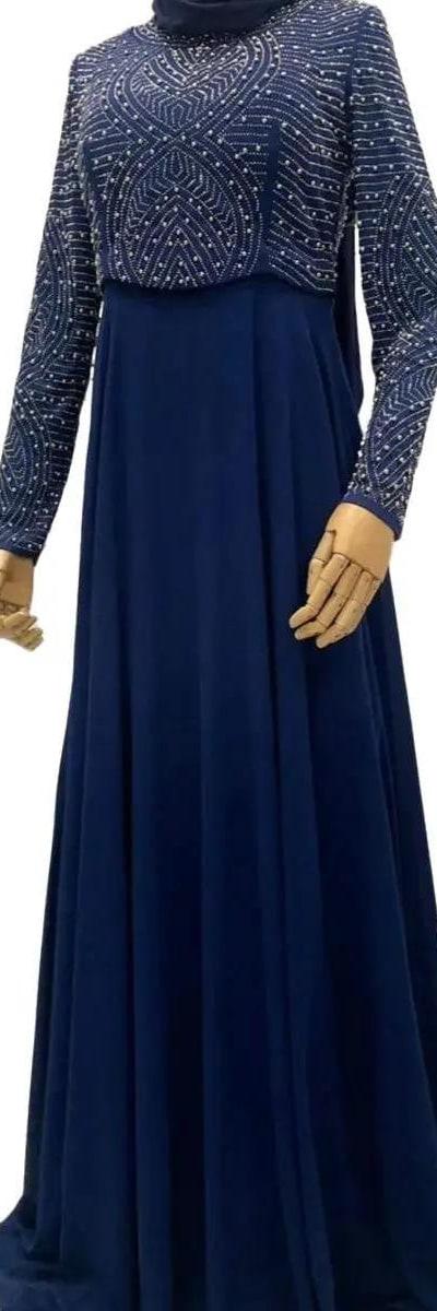 Robe de Soirée Bleu Nuit Perlée – Élégance Absolue