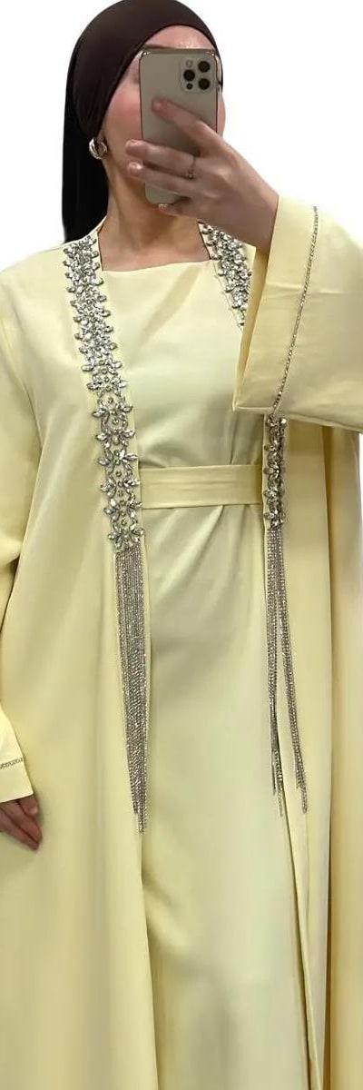 Ensemble Luxueux Jaune 3 Pièces - Sous-Robe Sans Manches, Kimono avec Strass et Ceinture - Idéal pour Mariages et Fêtes