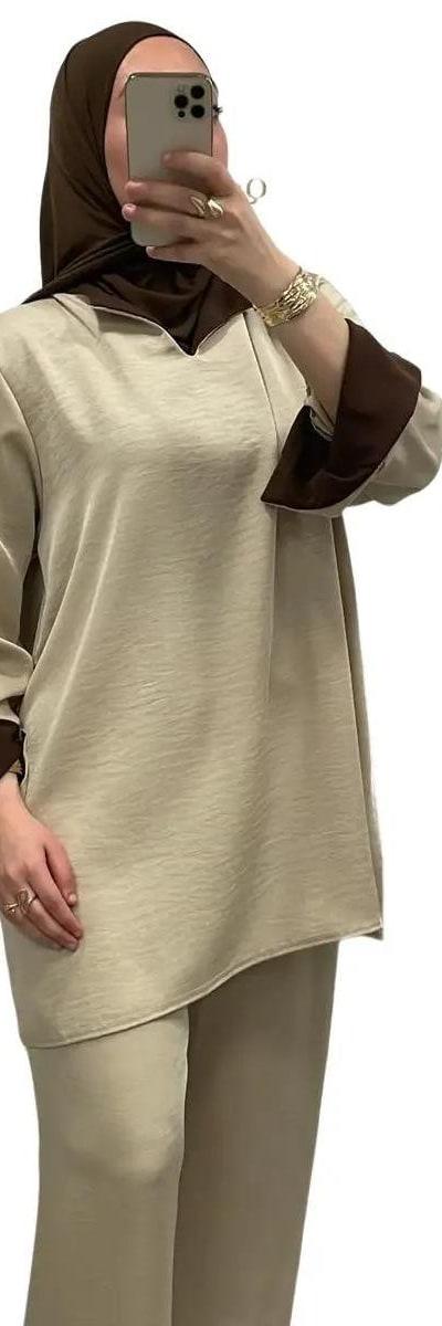 Ensemble bi-color Beige/Marron à manches revers - Chic & tendance