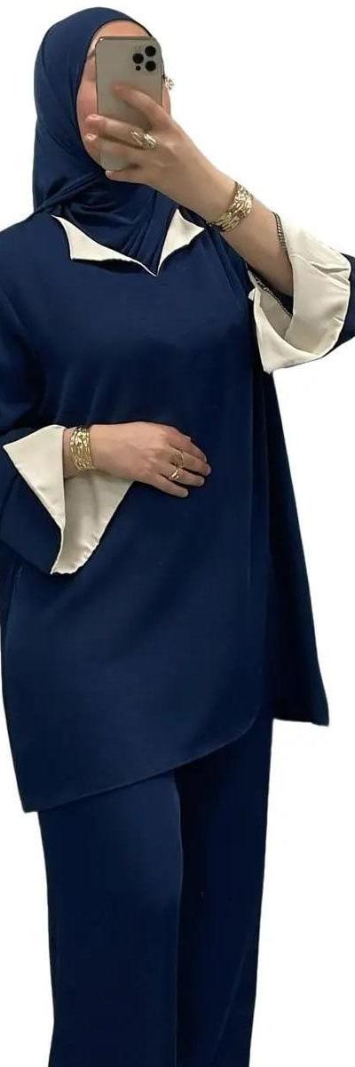 Ensemble bi-color Bleu/Beige à manches revers - Chic & tendance