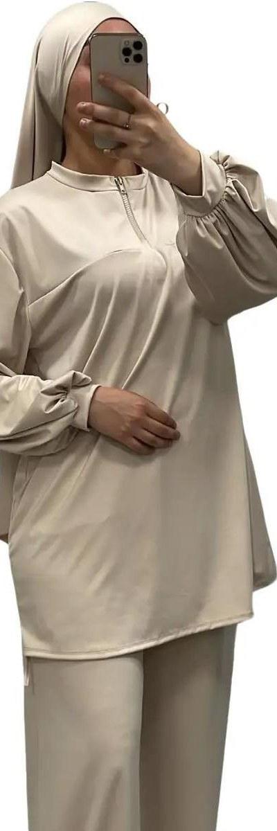 Burkini col montant zippé Beige – Élégance & confort